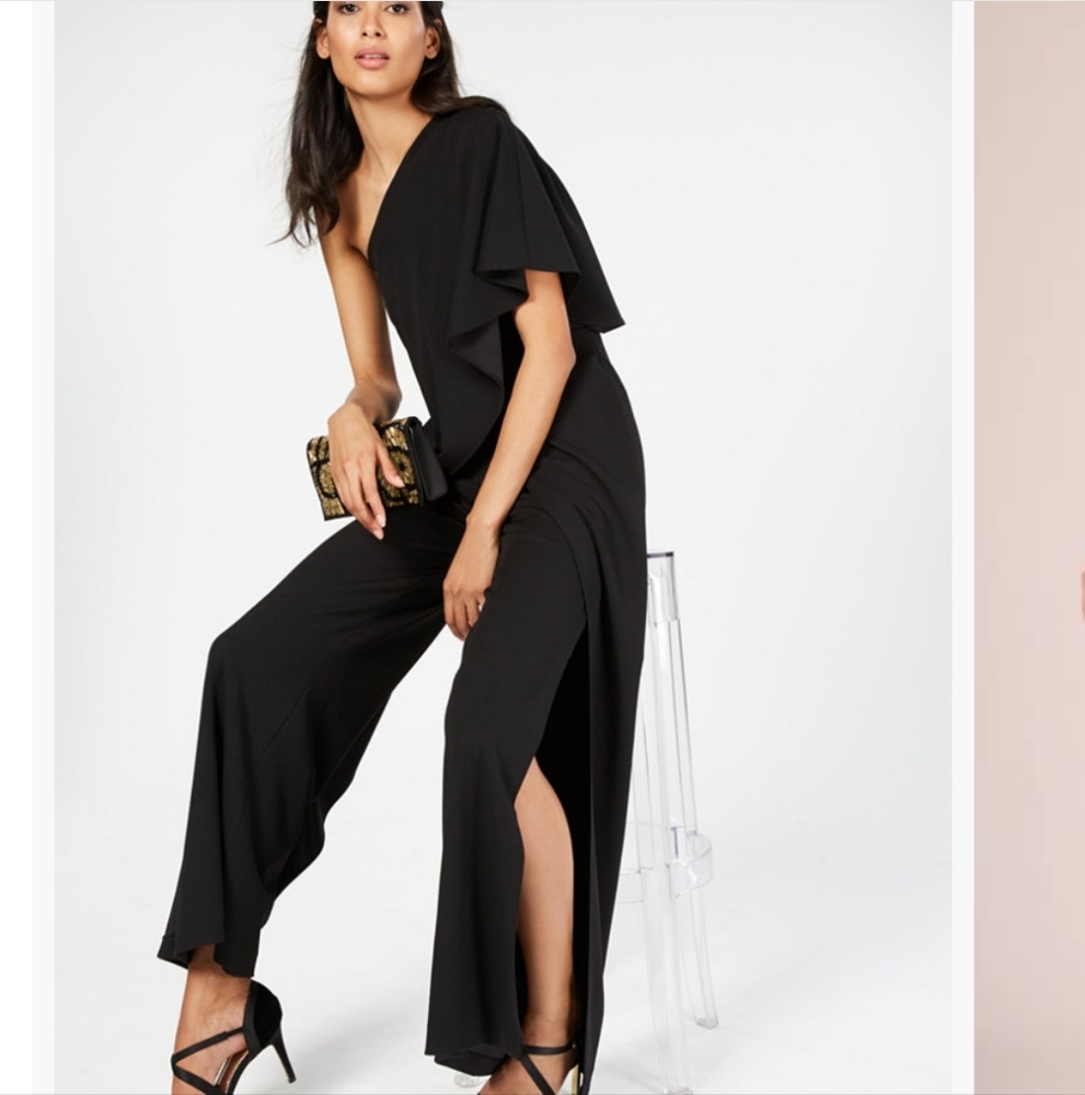 NWT Adrianna Papell Black One Shoulder Flutter Sleeve Jumpsuit Size 12